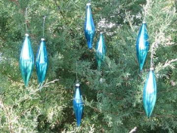 catalog photo of aqua blue droplet mercury glass Christmas ornaments, vintage West Germany