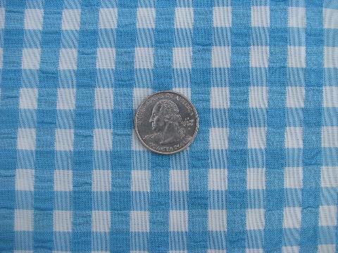 photo of aqua blue gingham checked vintage cotton seersucker fabric #1