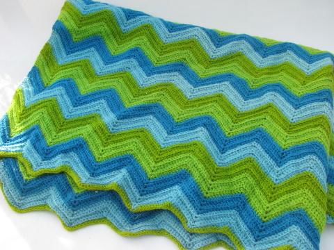 photo of aqua / blue / green, retro vintage crocheted wool afghan throw, lap blanket #1