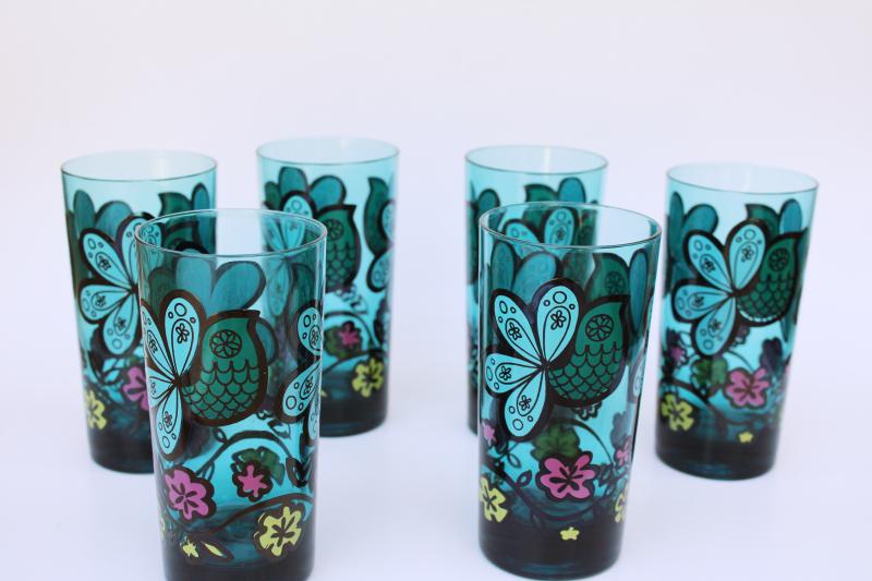 photo of aqua glass tumblers, set of 6 drinking glasses w/ mod doodle art birds & flowers #1
