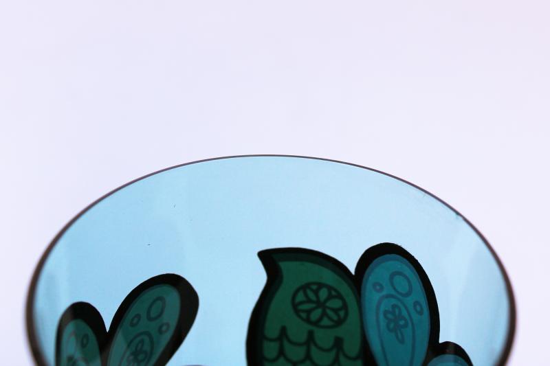 photo of aqua glass tumblers, set of 6 drinking glasses w/ mod doodle art birds & flowers #3