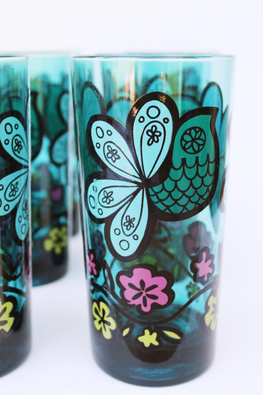 photo of aqua glass tumblers, set of 6 drinking glasses w/ mod doodle art birds & flowers #4