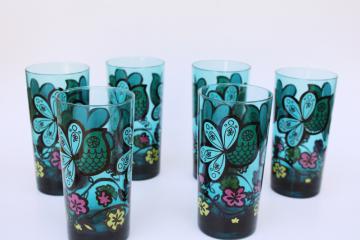 catalog photo of aqua glass tumblers, set of 6 drinking glasses w/ mod doodle art birds & flowers