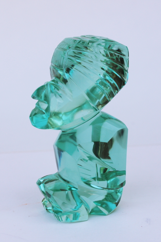 photo of aqua green glass carved figure, Aztec Mayan tiki god Mexico folk art  #3