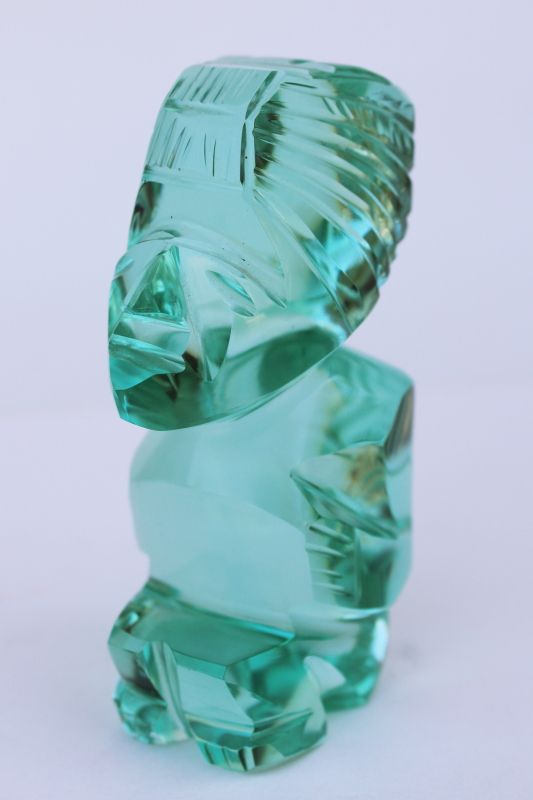 photo of aqua green glass carved figure, Aztec Mayan tiki god Mexico folk art  #6