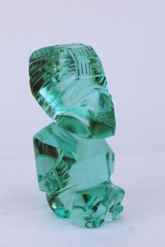 aqua green glass carved figure, Aztec Mayan tiki god Mexico folk art 