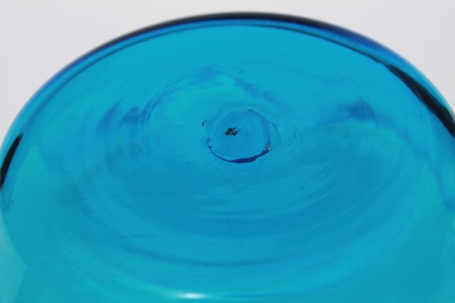 photo of aqua ocean blue art glass bowl, hand blown Mexican glass, vintage Mexico souvenir #6