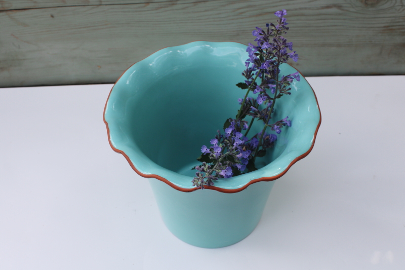 photo of aqua terracotta ceramic planter pot flower vase, vintage Portugal pottery Val do Sol #5