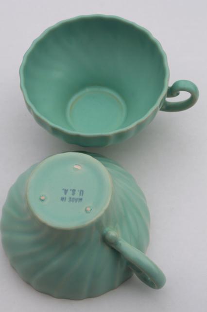 photo of aqua turquoise blue matte glaze ceramic tea cups, vintage Franciscan pottery #5