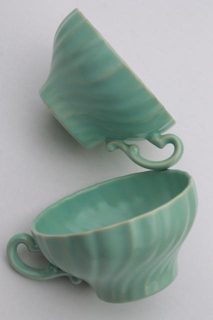 photo of aqua turquoise blue matte glaze ceramic tea cups, vintage Franciscan pottery #6