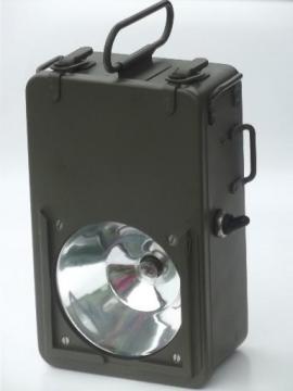 catalog photo of army green portable light, big flashlight battery floodlight for camping