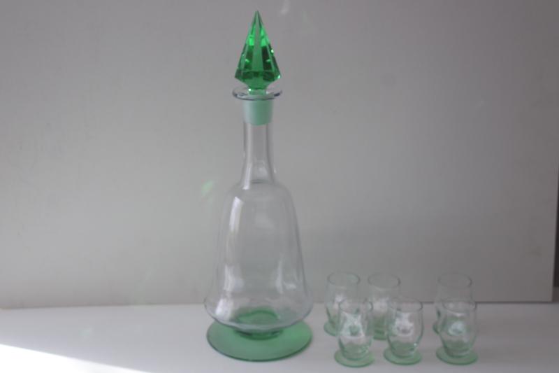 photo of art deco 1920s 30s vintage Heisey moongleam green / crystal decanter & whiskey glasses #1