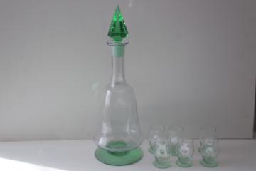 catalog photo of art deco 1920s 30s vintage Heisey moongleam green / crystal decanter & whiskey glasses