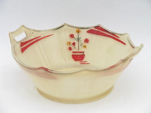 photo of art deco 1920s - 30s vintage glass bowl, hand-painted red & ivory enamel #1