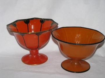 catalog photo of art deco 20s - 30s vintage painted enamel glass, candy dishes in orange w/ black