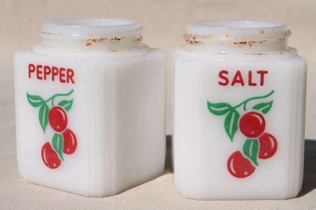 photo of art deco 30s vintage milk glass kitchen range set S&P shakers w/ red & green cherries #1