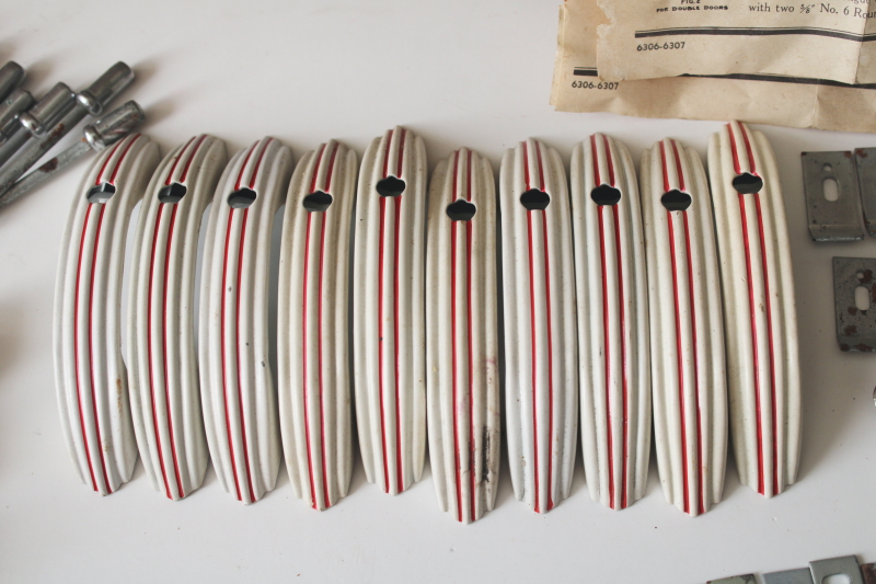 photo of art deco MCM vintage metal kitchen cabinet hardware, red striped door pulls w/ instructions  #4