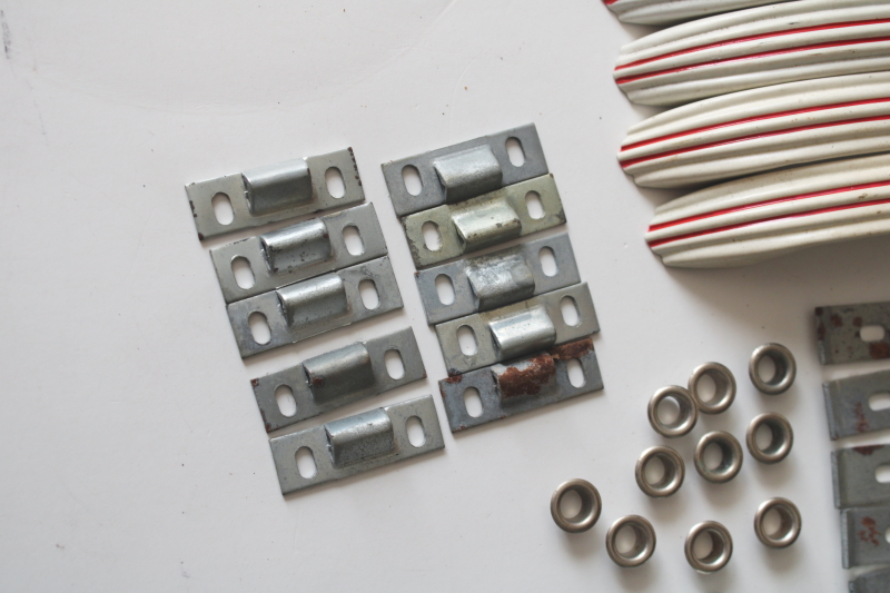 photo of art deco MCM vintage metal kitchen cabinet hardware, red striped door pulls w/ instructions  #5