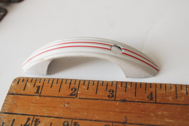 photo of art deco MCM vintage metal kitchen cabinet hardware, red striped door pulls w/ instructions  #9