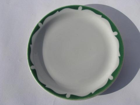 photo of art deco airbrush green border, vintage white ironstone railroad china salad or lunch plates #2