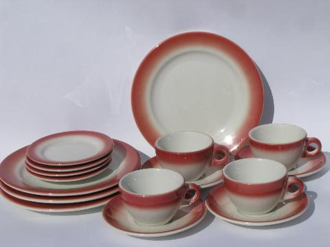 photo of art deco airbrush red border, vintage white ironstone railroad china set for 4 #1