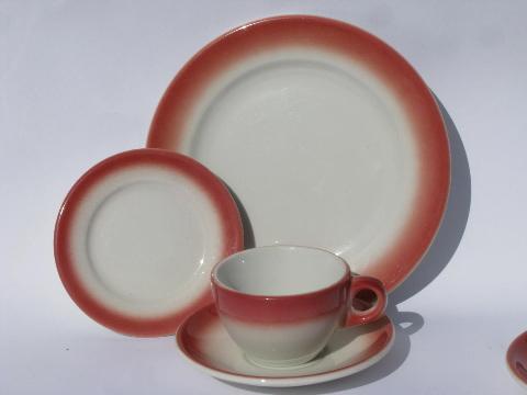 photo of art deco airbrush red border, vintage white ironstone railroad china set for 4 #2