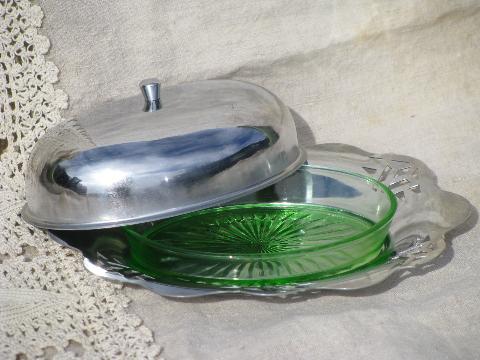 photo of art deco chrome oval covered butter dish, vintage green depression plate #1