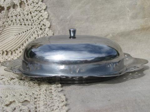 photo of art deco chrome oval covered butter dish, vintage green depression plate #2