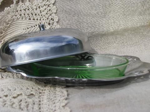 photo of art deco chrome oval covered butter dish, vintage green depression plate #3