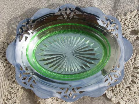 photo of art deco chrome oval covered butter dish, vintage green depression plate #4