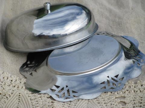 photo of art deco chrome oval covered butter dish, vintage green depression plate #6