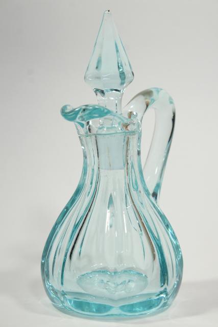photo of art deco elegant glass cruet bottle, pale blue vintage Heisey or Imperial glass #1