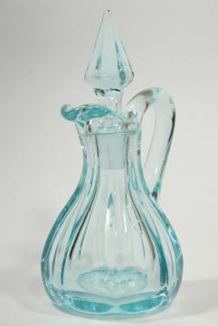 photo of art deco elegant glass cruet bottle, pale blue vintage Heisey or Imperial glass