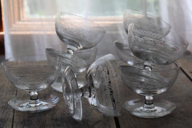 photo of art deco glass sherbets with attached saucers, 1920s vintage needle etch Federal glass #1