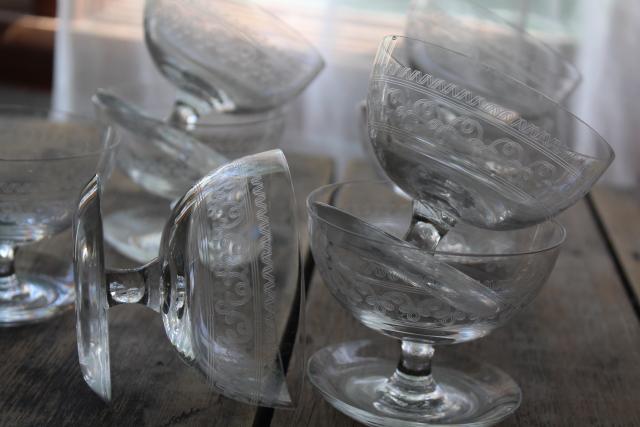 photo of art deco glass sherbets with attached saucers, 1920s vintage needle etch Federal glass #2