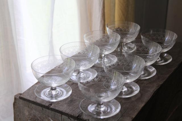 photo of art deco glass sherbets with attached saucers, 1920s vintage needle etch Federal glass #5