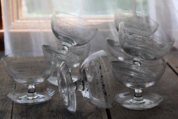 catalog photo of art deco glass sherbets with attached saucers, 1920s vintage needle etch Federal glass