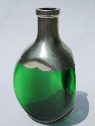 photo of art deco hammered pewter overlay green glass liquor decanter bottle #3