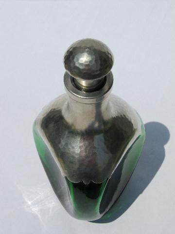 photo of art deco hammered pewter overlay green glass liquor decanter bottle #5