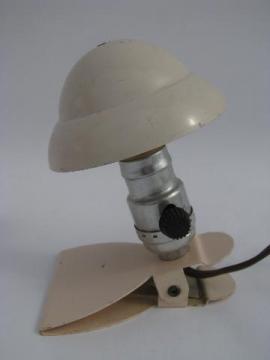 catalog photo of art deco metal helmet shade clip-on book light, vintage electric reading lamp