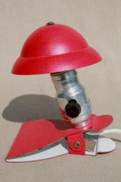 catalog photo of art deco metal helmet shade clip-on book light, vintage electric reading lamp 