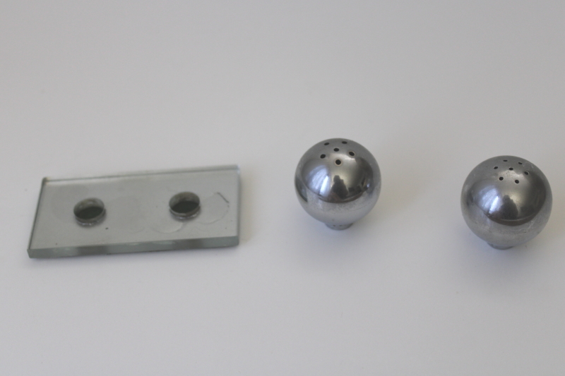 photo of art deco metal sphere salt & pepper shakers, 1930s vintage Chase chrome orbs mirror tray #3