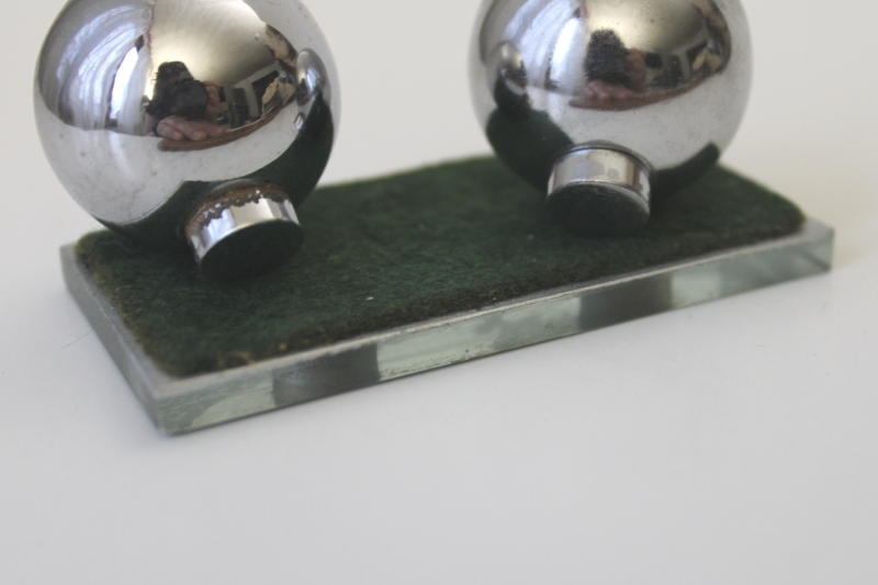 photo of art deco metal sphere salt & pepper shakers, 1930s vintage Chase chrome orbs mirror tray #4