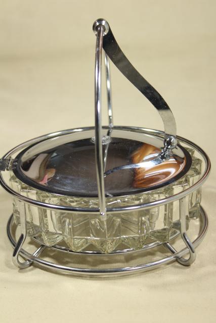 photo of art deco moderne vintage glass and chrome ashtray or server, tilt lid w/ lever lift #1