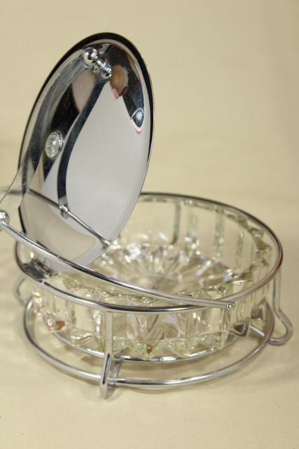 photo of art deco moderne vintage glass and chrome ashtray or server, tilt lid w/ lever lift #2