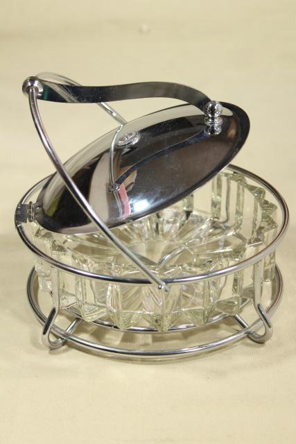 photo of art deco moderne vintage glass and chrome ashtray or server, tilt lid w/ lever lift #7