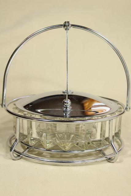 photo of art deco moderne vintage glass and chrome ashtray or server, tilt lid w/ lever lift #8