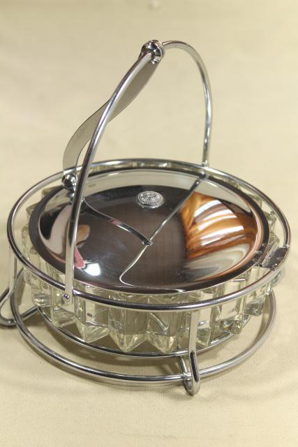 photo of art deco moderne vintage glass and chrome ashtray or server, tilt lid w/ lever lift #9