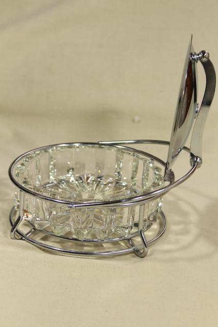 photo of art deco moderne vintage glass and chrome ashtray or server, tilt lid w/ lever lift #10