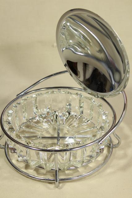 photo of art deco moderne vintage glass and chrome ashtray or server, tilt lid w/ lever lift #12